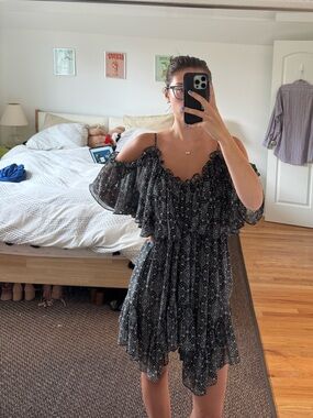 MISA Los Angeles Black Boho Ruffle Cold Shoulder Mini Dress